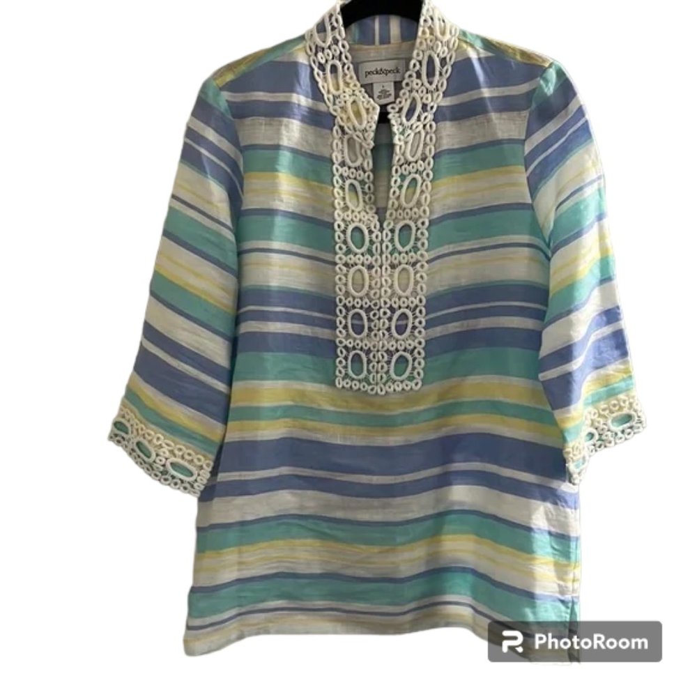 Peck & Peck Embroidered Linen Tunic Top Size L